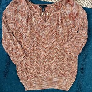 y2k Crochet Knit Top INC Sweater Metallic Embellished Disco Grandma Gold